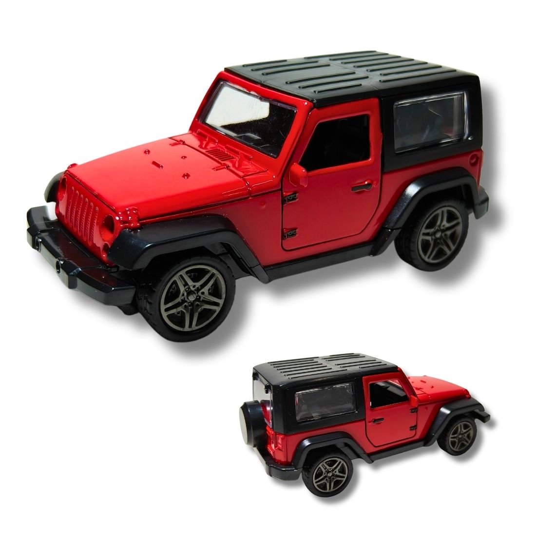 red mahindra thar metal toy car side view