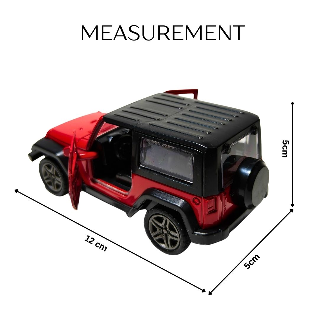 red mahindra thar toy car with openable doors